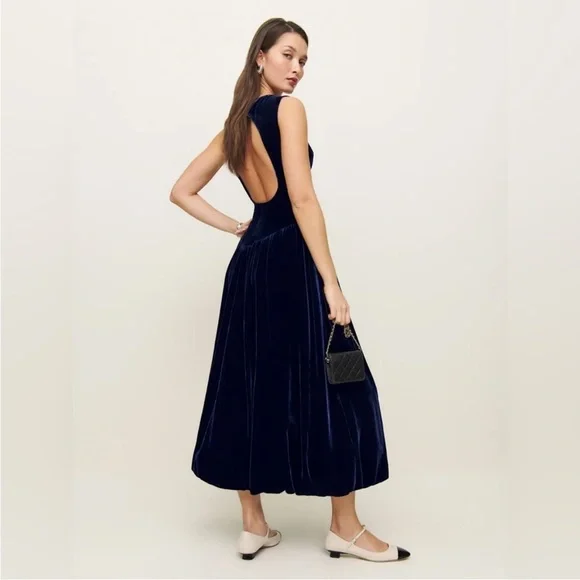 Reformation Elvira Velvet Boat Neck Open Back Midi Maxi Dress Navy NWT Size 6 - Picture 3 of 16